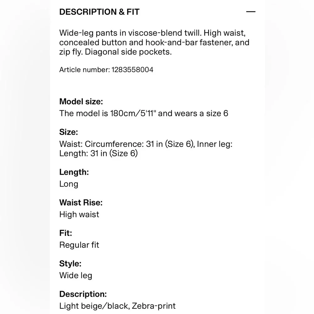 🦓 H&M Zebra Print Wide-Leg Twill Pants NWT Size 6 - Picture 6 of 6